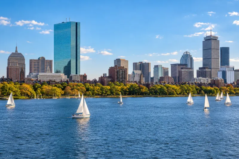 Skyscrapers behind autumn trees and white sailboats on the river in Boston