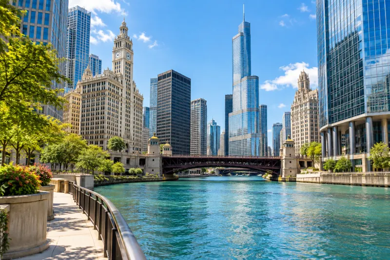 A river lined with skyscrapers, a clock tower and a dark bridge in sunshine in Chicago