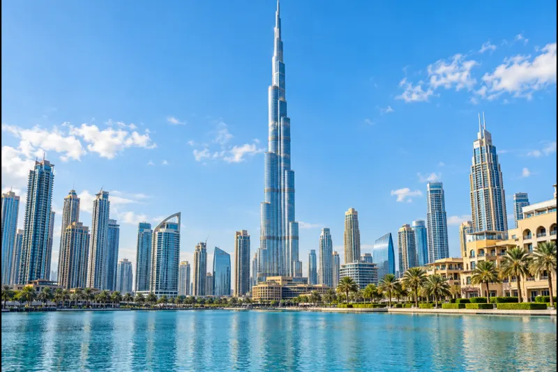 The world's tallest skyscraper among glass towers above a blue lake in Dubai