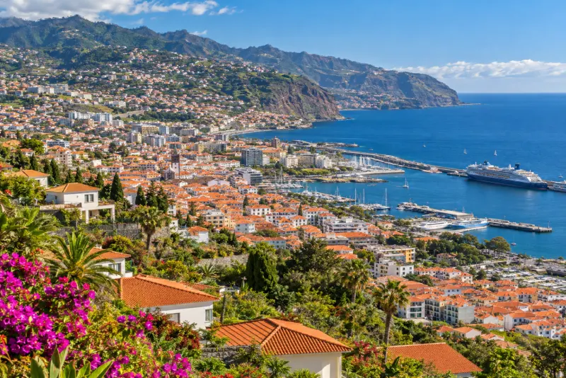 Red-roofed houses and a cruise ship in the harbour below steep green mountains in Funchal