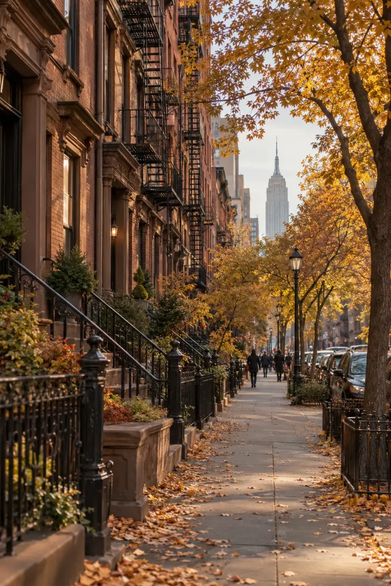 A tree-lined brownstone street with fire escapes and a distant Empire State Building in New York