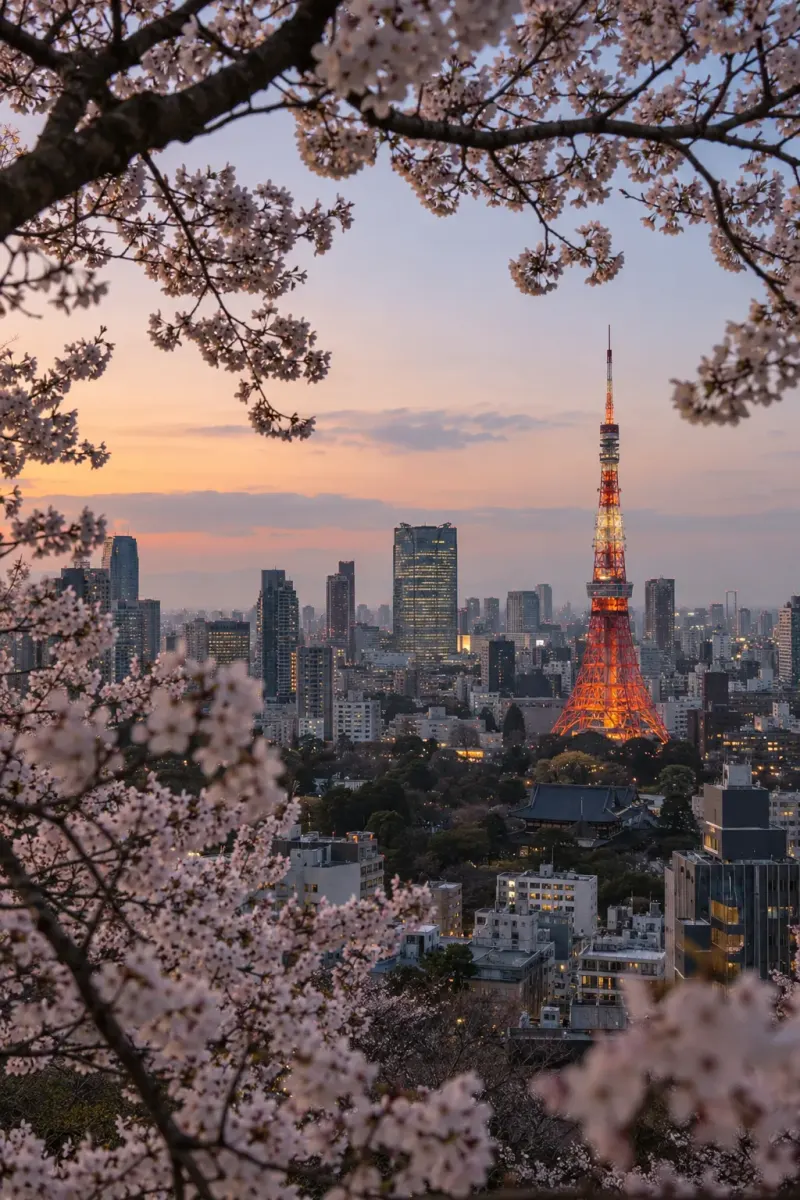 The red-and-white Tokyo Tower glowing at dusk through cherry blossom branches in Tokyo
