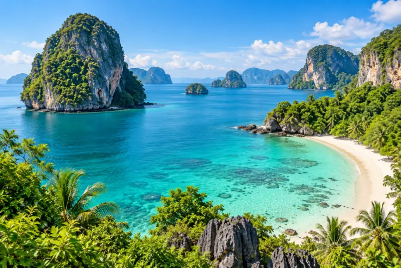 Limestone islands rising from a turquoise bay beside a white sand beach in Phuket