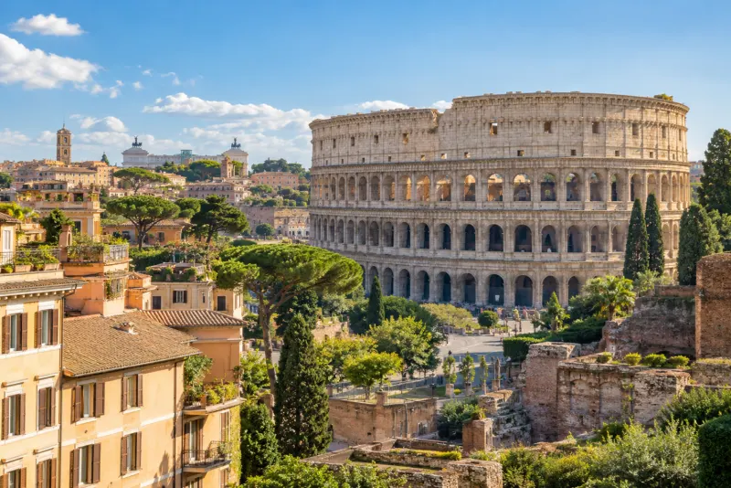 The Colosseum rising above pine trees and terracotta rooftops in Rome