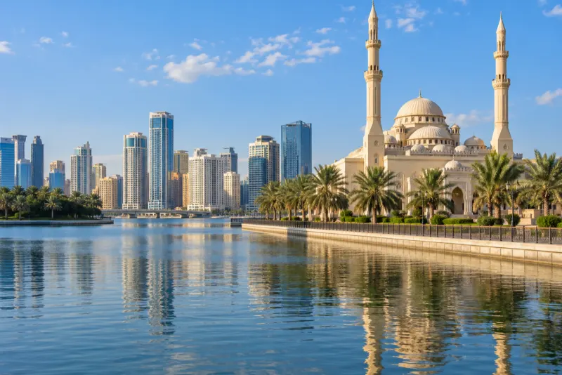 A cream mosque with two minarets and palms across calm water from towers in Sharjah