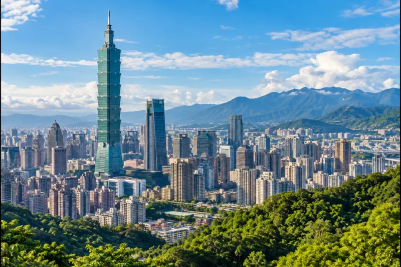 A tall green stepped skyscraper above a dense city with forested hills in Taipei